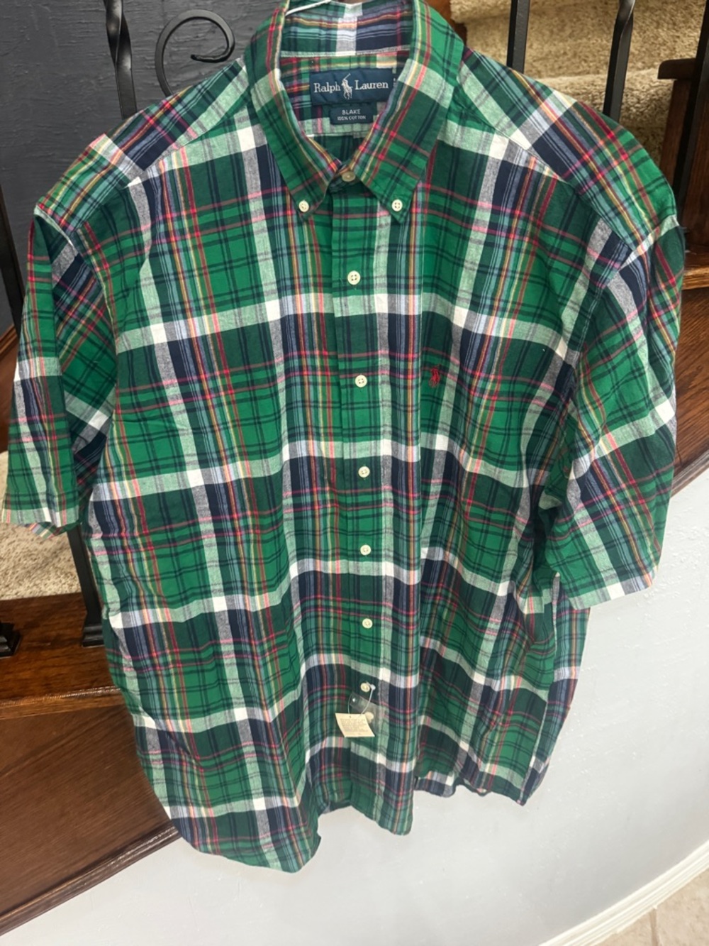 NEW LARGE Ralph Lauren Green Navy White Plaid Short-Sleeve Button-Down Shirt